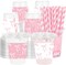 100Pcs Bow Plastic Cups with Lids and Straws Pink White Bowknot Clear Plastic Cups 12oz Coquette Disposable Cup for Birthday Wedding Party Supplies